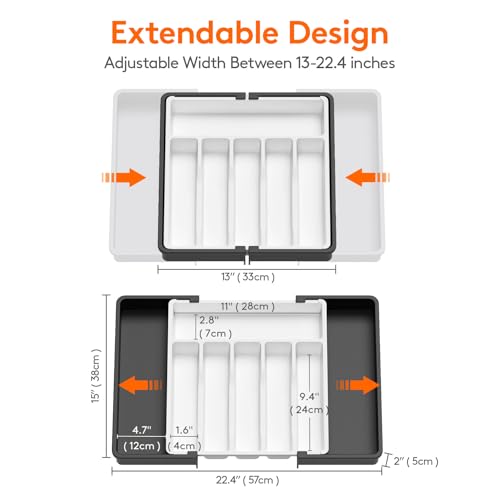 Lifewit Silverware Drawer Organizer, Expandable Utensil Tray for Kitchen, BPA Free Flatware and Cutlery Holder, Adjustable Plastic Storage for Spoons Forks Knives, 13-22 x 15", White&Black - color: White&black, size: XL (13-22''W x 15''D)