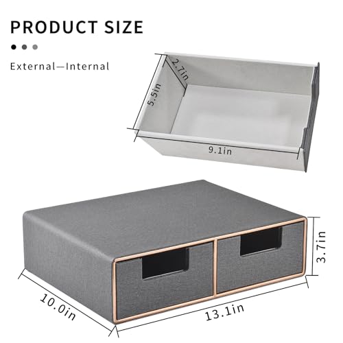 Linen Leather Desk Organizer with Drawers－Mini Desktop Drawer Organizer Stackable－Multifunctional Tabletop Organization Storage Box for Office Supplies Home Vanity Toiletries (Grey, 2-drawers) - color: Grey