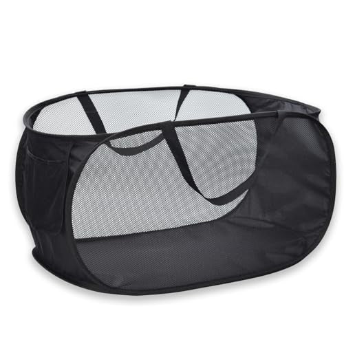 Pop Up Laundry Hamper,Collapsible Horizontal Baskets with Handles & Side Pocket,Foldable Sturdy mesh for Laundry Room,Bathroom,Kids Room,College Dorm or Travel (Black) - color: Black