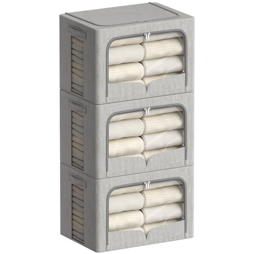 FHSQX 3 Pack Clothes Storage Bins - Foldable Metal Frame Storage Box - Stackable Linen Fabric Container Organizer Set with Carrying Handles and Clear Window (Light Gray, 16.5x12.2x12.2inch(40L)) - color: Light Gray, size: 16.5x12.2x12.2inch(40L)
