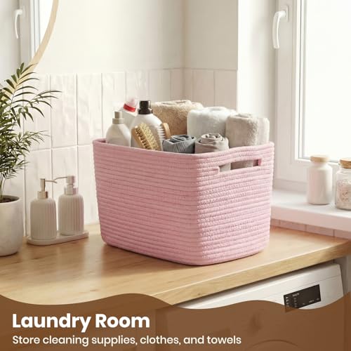Storage Baskets for Organizing, 14 x 10 x 9” Closet Shelf Woven Baskets, Square Bins with Handles, Cotton Rope Basket for Toys, Clothes, Office, Room, Pink 1 Pack - color: Pink, size: 1pc