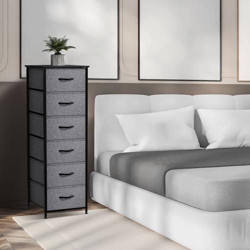 Sorbus Fabric Dresser for Kids Bedroom - Chest of 6 Drawers, Tall Storage Tower, Clothing Organizer, for Closet, for Playroom, for Nursery, Steel Frame, Fabric Bins - Wood Handle (Greige) - color: Black, style: 6 Drawer