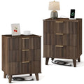 Lulive Wood Nightstand Set of 2 with Charging Station, 3 Drawers Fluted Design, Modern End Table for Bedroom Walnut - color: Walnut, size: 3 Drawers-Set of 2 Nightstand