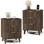 Lulive Wood Nightstand Set of 2 with Charging Station, 3 Drawers Fluted Design, Modern End Table for Bedroom Walnut - color: Walnut, size: 3 Drawers-Set of 2 Nightstand