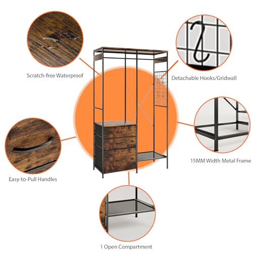 Heavy Duty Clothes Rack with 3 Drawers & LED Light, Garment Rack with 3 Shelves, Free Standing Wardrobe Organizer with 8 Hooks for Bedroom, Small Space, Garming Room（37.8"W x 66.93"H, Rustic Brown） - color: Rustic