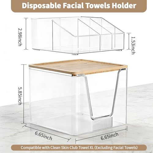 2 in 1 Disposable Facial Towel Holder and Cosmetic Organizer, Clear Storage with Bamboo Lid Compatible with Clean Skin Club Towel XL, Stackable Vanity Organizer for Bathroom Vanity Counter, 2 Tier