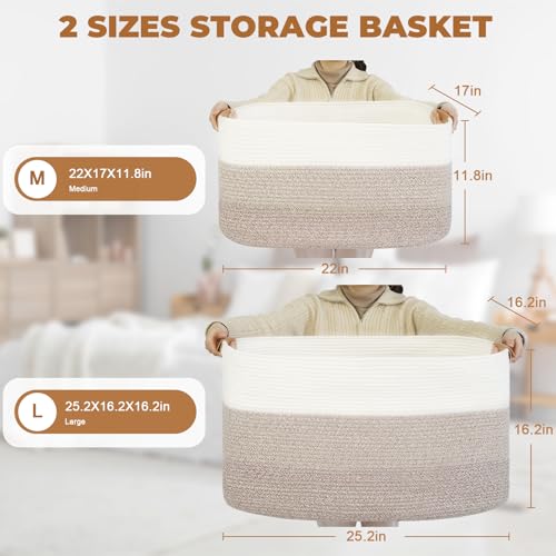 danpinera 108L Large Blanket Basket for Living Room, Woven Storage Basket with Leather Handles, Cotton Rope Storage Organization in Nursery for Toys & Clothes 25 ''* 16 ''*16 '', Gradient Brown - color: Gradient Brown, size: 108L