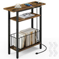Vagusicc Narrow Side Table with Charging Station, 3-Tier Skinny Side End Table for Couch Sofa, Small End Side Tables for Small Spaces, 25.2" Tall Slim Nightstand for Living Room, Bedroom, Rustic Brown - color: Rustic Brown, style: With Plug