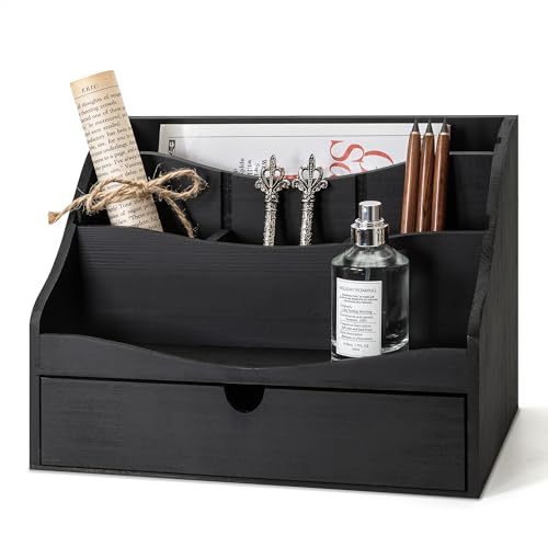 Rebee Vision Pine Wooden Mail Organizer for Desk - Farmhouse Mail Sorter Countertop Organizer for Office Desk & Home Decor - Letter Holder with Drawer for Store Jewelry (Black) - color: B-Black