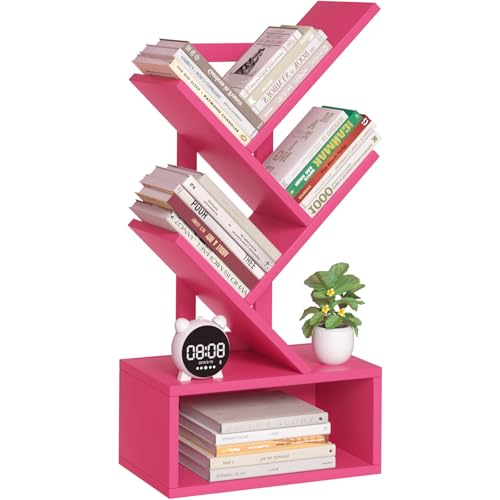 SHEEPAM Small Tree Book Shelf,5 Tier Black Tree Bookshelf,Desktop Bookcase,Modern Desk Display Storage Bookshelves,Floor Standing Organizer Bookcases for Living Room,Bedroom,Office - color: Pink, size: 5 Tier
