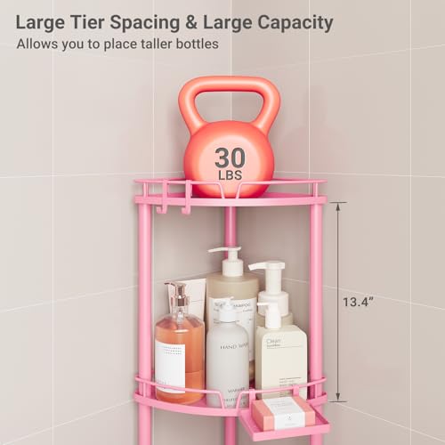 ELYKEN Corner Shower Caddy Standing, 4 Tier Rustproof Metal Shower Organizer with Soap Holder, Floor Shower Corner Shelf Rack Storage Stands with Adjustable Feet & 2 Hooks for Bathroom, Pink - color: Pink, size: 4 Tier
