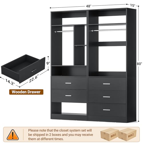 Besiost 4FT Closet Systems with 5 Wood Drawers, 48 Inch Closet Organizer System with 2 Hanging Rods & 7 Shelves, Heavy Duty 48" Walk-in Closet, Black (48"L x 15" W x 80" H) - color: Black