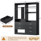Besiost 4FT Closet Systems with 5 Wood Drawers, 48 Inch Closet Organizer System with 2 Hanging Rods & 7 Shelves, Heavy Duty 48" Walk-in Closet, Black (48"L x 15" W x 80" H) - color: Black