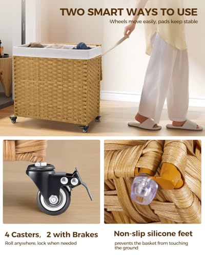 Greenstell Laundry Hamper with Wheels&Lid, 130L Large 3 Sections Clothes Hamper with 2 Types Removable Liner Bags, 5 Mesh Laundry Bags, Handwoven Divided Laundry Basket for Clothes, Natural - color: Natural, size: 130L: 25.6x13.0x25.7 Inches