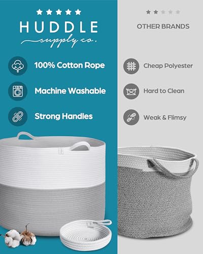 XXXXL WASHABLE Jumbo 125L Extra Large Blanket Basket, Woven Decorative Cotton Rope Basket with Handles for Laundry, Living Room, Baby Toys Nursery, Storage, Organization Bins 24" x 17" (Grey & White) - color: Grey and White, size: Jumbo