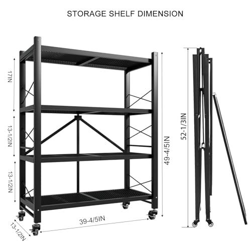 4-Tier Folding Storage Shelves, Heavy Duty Garage Shelving Unit, Adjustable Metal Standing Storage Rack Shelf, No Assembly Wire Shelving Organizer with Wheels for Kitchen Pantry Warehouse - size: 4-Tier