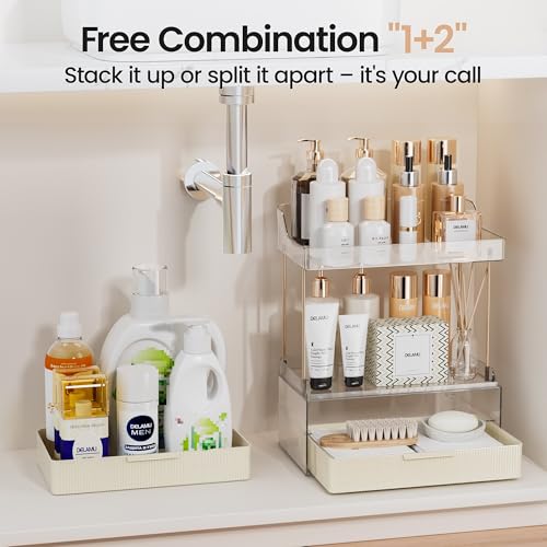 Delamu Bathroom Organizers and Storage, 2 Tier 2 Drawer Makeup Organizer Countertop, Easy to Install, Ideal for Bathroom Counter, Vanity, Ideal for Women Girls, Cream White - color: Cream White, size: 2Drawers 1 Pack