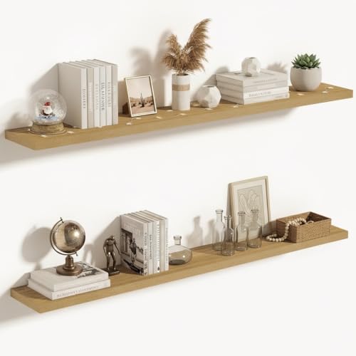 Vivelove 10" Deep Floating Shelves with Invisible Brackets, 55" Wall Shelves for Bathroom Bedroom Kitchen Living Room Laundry Room, Modern Rustic Shelves for Home Decor, 55"x10.2"x1.5", Set of 2, Oak - color: Oak, size: 55”Wx10.2”Dx1.5”H
