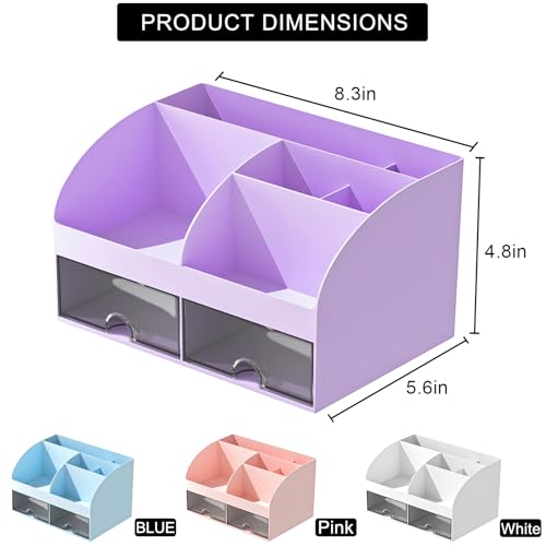 COMFYROOM Desk Organizer with 6 Compartments and 2 Drawers, Plastic Makeup Organizer, Pen Holder for Desktop Storage, Desk Organization for School, Home, Office Supplies (Purple) - color: Purple