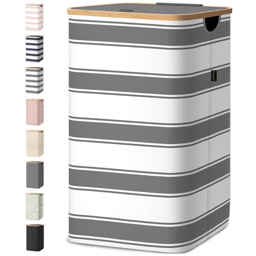 BALEINE Laundry Hamper with Lid, Tall Laundry Baskets with Bamboo Pull Handles, Large Laundry Bin with Internal Support (18 Gal/70L, Grey Stripe) - color: Grey Stripe, size: 70 liters