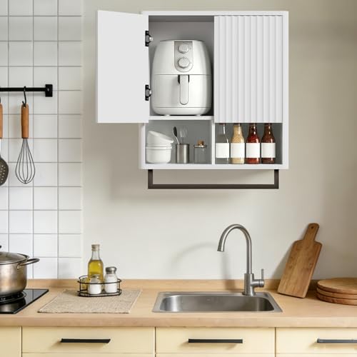 Bathroom Wall Storage Cabinet, Over The Toilet Medicine Cabinet, Hidden Storage & Open Shelves, Small 2-Door Multi-Functional Bathroom Organizer with Towel Bar for Bathroom & Kitchen (White) - color: White
