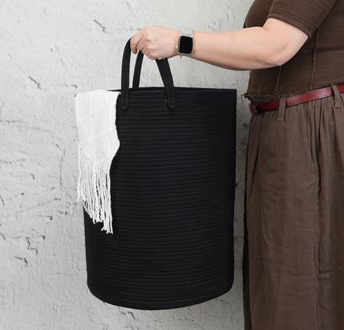 Woven Cotton Rope Laundry basket-16”X22” Laundry Hamper-Rope Storage Basket for Dirty Clothes, Toys and Blankets Perfect for Bathroom, Baby nursery and Living Room Storage (black, Large) - color: black, size: Large