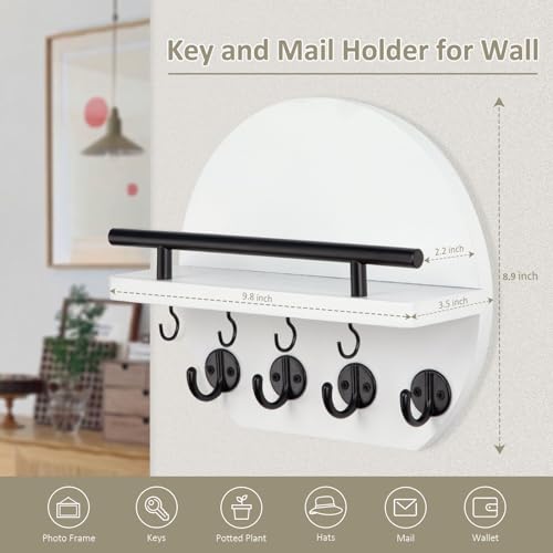 Nekon Key Holder for Wall - 9.8 Inch Apartment Wall Decor with Shelf and 8 Key Hooks, Circular Wood Key Hanger for Home Decor (White) - color: White