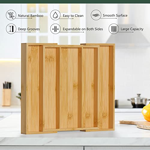 Bamboo Utensil Organizer Cutlery Organizer - Expandable 5 Slots Multipurpose Kitchen Drawer Organizer for Large Cooking Utensils, Baking Tools, Knife Set W13.7"-19.9" x L17.6" X H2.5"(Yellow) - color: Yellow