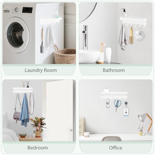 Magnetic Key Holder Wall Mount, Small Metal Key Rack with Tray, 9.6 Inch, 6 Hooks, 2 Installation Options, White - color: White