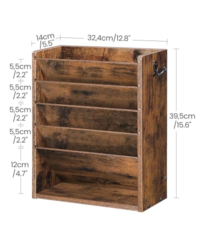 CHOEZON Wall File Organizer, 6-Tier Vertical Mount Hanging Holder with 2 Side Hooks, Vintage Wooden Magazine Storage Crate with Bottom Flat Tray, Desk Organizer, for Office, Home, Rustic Brown MWJ01FG - color: Rustic Brown, size: 6-Tier