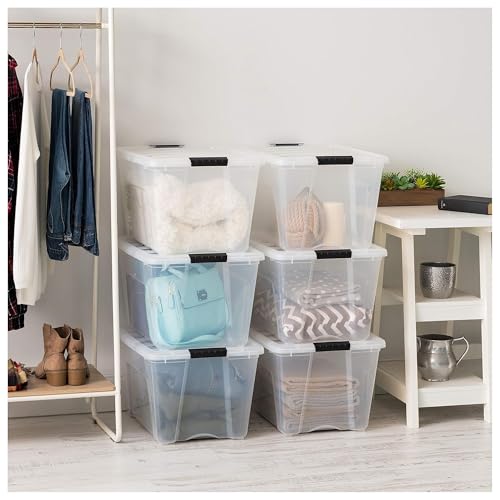 IRIS USA 54 Qt Stackable Plastic Storage Bins with Lids, 12 Pack - BPA-Free, Made in USA - See-Through Organizing Solution, Latches, Durable Nestable Containers, Secure Pull Handle - Clear - color: Clear, size: 54 Qt, style: 12 Pack