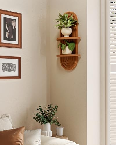Bamworld Boho Wall Decor Brown Plant Wall Shelf Mid Century Modern Decor Hanging Plant Shelf 16.7in 2 Tier Wooden Floating Shelves for Home Bathroom Bedroom Living Room Office Holding Planter - color: Brown - Glossy, size: 16.7'' -1 Pcs