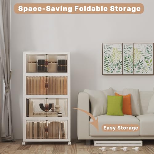 UAMFURI Stackable Storage Bins with Lids 192QT-48QT*4Pack Folding Storage box with Doors and Wheels, Collapsible Plastic Bins Stackable Organizer and Containers for Home, Garage, Office - color: white, size: 4PACK-20"W12"D44"H