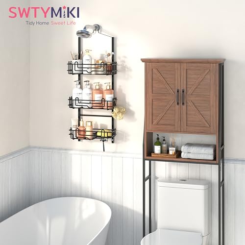 SWTYMIKI Shower Caddy Hanging Organizer - 3-Tier Rustproof Shower Organizer Over Showerhead with Adjustable Baskets, 24 Hooks, Soap & Razor Holder - No Drill Large Bathroom Storage Rack, Black - color: Black