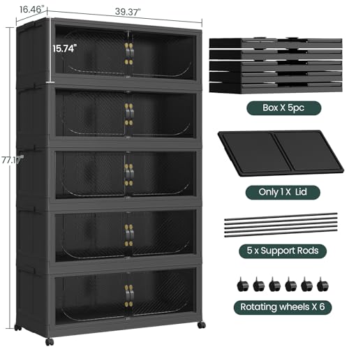 400GAL Plastic Storage Bins with Lid, 1600QT Extra Large Stackable Closet Organizers and Storage, Collapsible Storage Boxes with Wheels, Folding Cabinet for Home Kitchen Office, 5Pack Black - color: 80Gal-Black, style: 5Pack