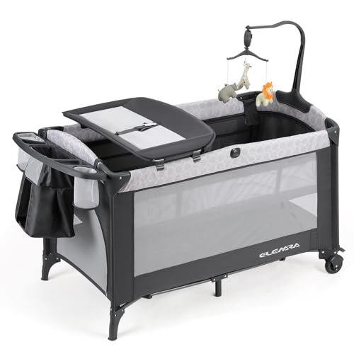 ELEMARA Baby Bassinet Bedside Crib with Diaper Changer, Pack and Play with Mattress for Baby，4 in 1 Playpen Travel Bed with Storage,Playard with Adjustable Height - style: Baby Bassinet
