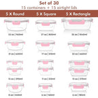 Razab 30 PC Glass Food Storage Containers with Lids - Reusable Glass Meal Prep Containers for Lunch and Leftovers - Airtight & Leakproof Snap Locking Lids - Oven, Freezer, Microwave, Dishwasher Safe - color: Pink