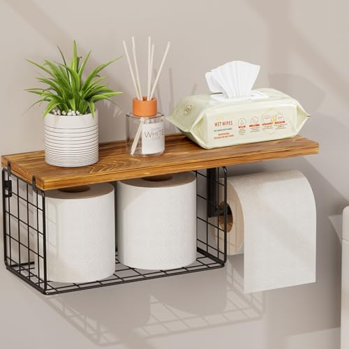 VITVITI Toilet Paper Holder with Shelf, Wall Mounted Toilet Paper Storage Basket, Wood Metal Toilet Roll and Wipes Holder for Bathroom Farmhouse (Brown) - color: Brown