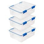 IRIS USA WeatherPro 27 Qt Storage Bins with Lids, 3 Pack, BPA-Free Plastic Gasket Box with Tight Latch and Seal, Stackable Nestable Tote Tub - Clear/Blue - size: 27 Qt. - 3 Pack