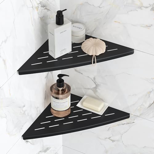 Qeke Corner Shower Shelf Matte Black, 304 Stainless Steel 11.5” Recessed Corner Shelf Bathroom for Tiled Wall, Floating Shower Shelves Shampoo Holder, No Drilling, 2 Pack - color: Matte Black