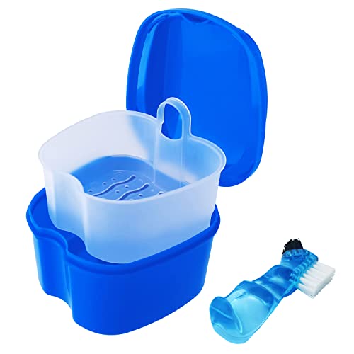 Dental Retainer Cup Holder Mouthguard Cleaning Case with Strainer Basket, Denture Bath Box Storage Cup Holder for Travel Cleaning - Dark Blue - color: Dark Blue