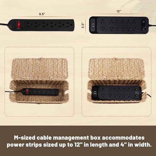 BROWNLILY Cable Management Box, Rattan Style Cord Organizer for Desk Cord Hider Outlet Covers Baby Proofing for Power Strip TV PC Router Charger Under Desk Storage - Natural Small - color: Natural, size: M