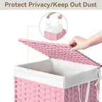 Chrislley 90L Slim Laundry Hamper with Wheels, Rolling Laundry Basket with Lid and Renovable Liner Bag, Handwoven Rattan Organizer for bedroom, bathroom, laundry room (Pink) - color: Pink