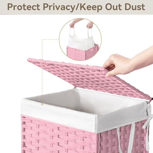 Chrislley 90L Slim Laundry Hamper with Wheels, Rolling Laundry Basket with Lid and Renovable Liner Bag, Handwoven Rattan Organizer for bedroom, bathroom, laundry room (Pink) - color: Pink