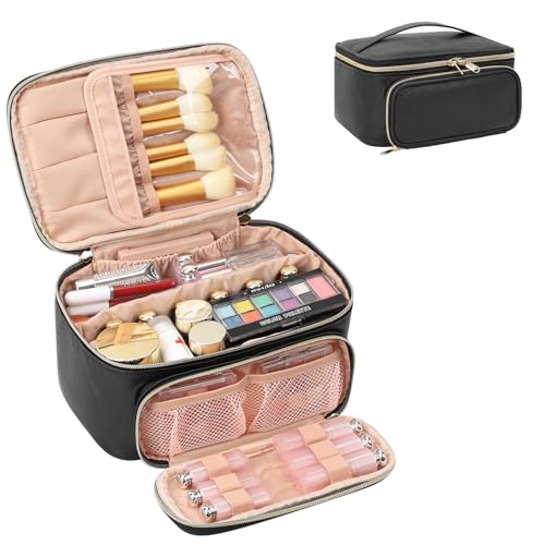 OCHEAL Makeup Bag, Multifunctional Make Up Bags with Zipper Pouch Large Compact Makeup Bag Organizer for Women Girls Cosmetics Toiletry Brushes Storage Makeup Case with Handle Divider-Black - color: 001_Black with front pocket, size: Medium
