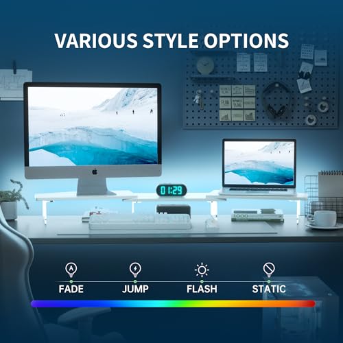 AFOOYO LED Dual Monitor Stand Riser for 2 Monitors,Office Desktop Wooden Stand Adjustable Length and Angle 3 Shelf,Extra Long Multifunctional Stand up to 44.4" for Computer,Laptop,TV,White - color: White, size: Dual