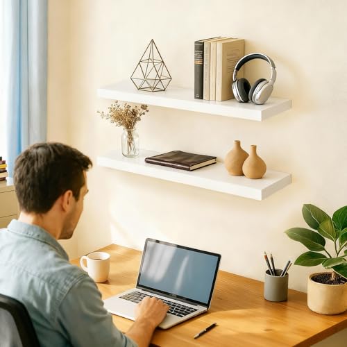 BAYKA Floating Shelves White, 22.5 inch Rustic Wood Wall Mounted Shelves for Bathroom, Bedroom, Living Room, Kitchen & Office, Hanging Shelf Deocr Display with 22 lbs Capacity, Set of 2 - color: C. White - Modern Minimalist Style, size: 22.5inches