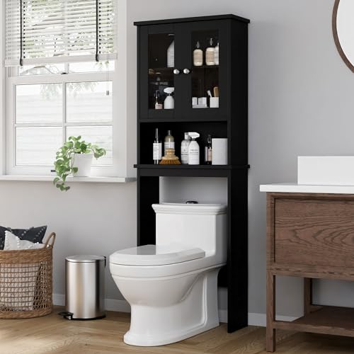 Shintenchi Over The Toilet Storage Cabinet, Bathroom Shelf Organizer with Anti-Tip Device Small Freestanding Space Saver with Adjustable Shelf and Glass Door, Black - color: Black, size: Glass Door
