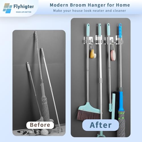 5 Pack Heavy Duty Mop and Broom Holder Wall Mount, No Drill Self Adhesive Stainless Steel Hanger with Hooks, Anti-Slip Tool Organizer for Bathroom, Kitchen, Garage, Laundry Room (5, Silver) - color: Silver-5