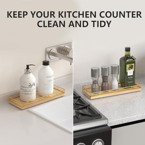 Bathroom Tray for Counter Top Organizer – Oak Wood Vanity Tray with Metal Frame for Dresser, Kitchen, Nightstand – Gold & Oak Decorative Storage - color: Gold & Oak, size: 11" x 4.5" x 1.5"